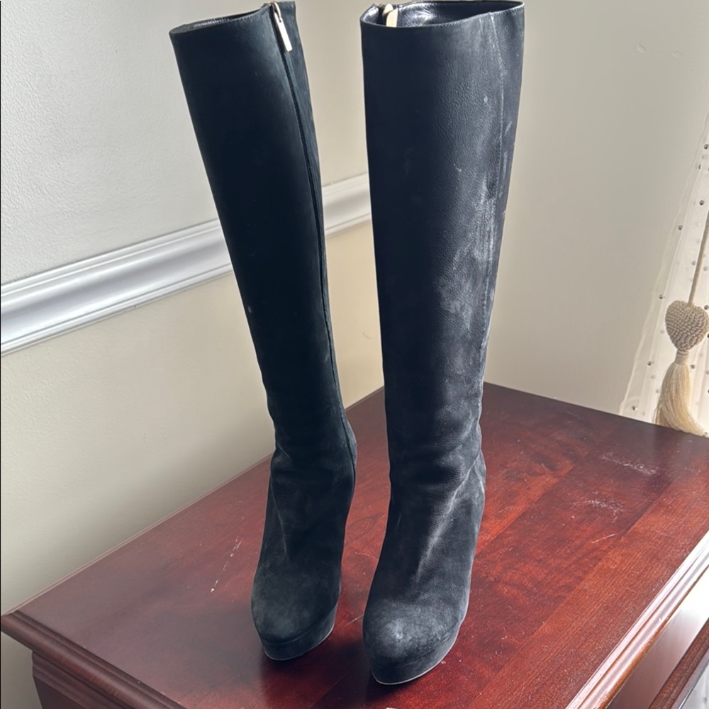 Jimmy Choo Black Heeled Boots Sleek Design/widest around calf is 14 inches